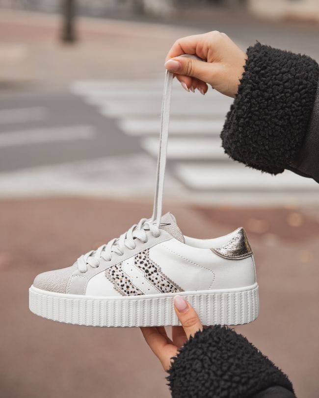 Basket Lacets Creepers avec Empiècements Guépard - CL59 WHITE - cl11sneakers.fr