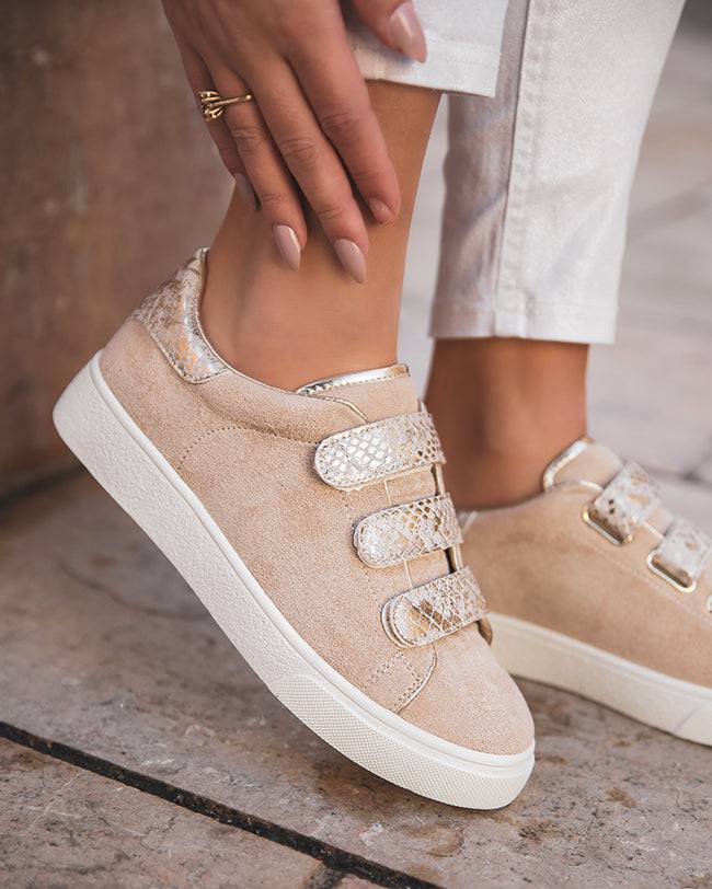 Basket femme beige et dorée à scratch - CL37 BEIGE - cl11sneakers.fr